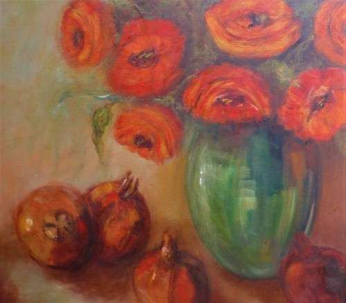 Large original oil on canvas frame - magnificent still life with flowers and pomegranates