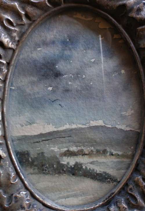 Original watercolour in heavy ornate pewter style frame - lovely character piece.