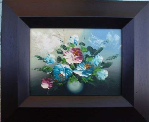 Original oil painting - Stunning little stillife in large ebonized wood frame.