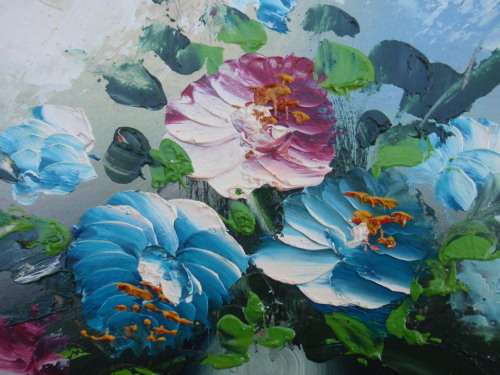 Original oil painting - Stunning little stillife in large ebonized wood frame.
