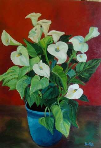 Original Arlene McDade Arums in Turquoise with deep ruby-red background - below gallery price!