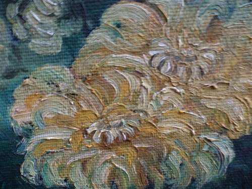 Original oil painting - exotic panel of yellow chrysanthemums on ebony background - stunning!