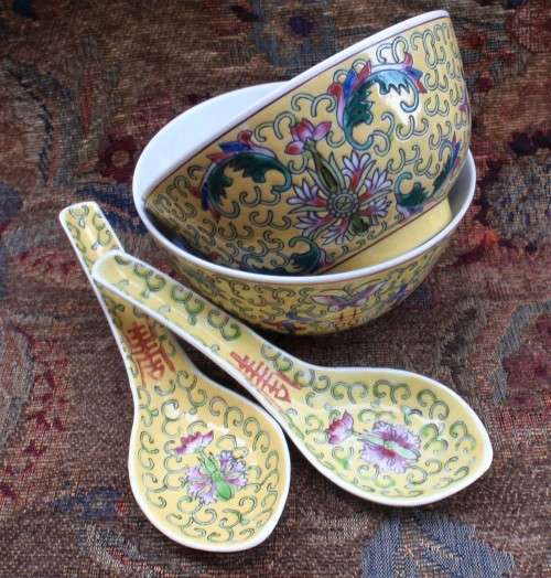 Chinese - gorgeous yellow famille rose - two bowls and spoons