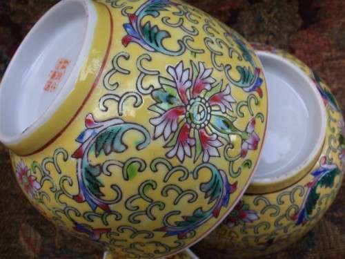 Chinese - gorgeous yellow famille rose - two bowls and spoons