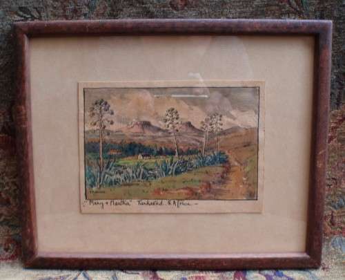 Vintage original by K.M.Wilson, pen/wash of Tarkastad, South Africa - twin mountains Mary & Martha