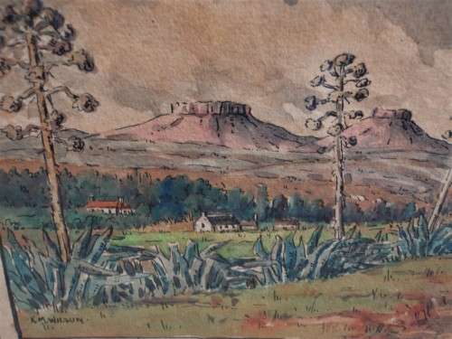 Vintage original by K.M.Wilson, pen/wash of Tarkastad, South Africa - twin mountains Mary & Martha