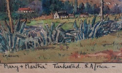 Vintage original by K.M.Wilson, pen/wash of Tarkastad, South Africa - twin mountains Mary & Martha