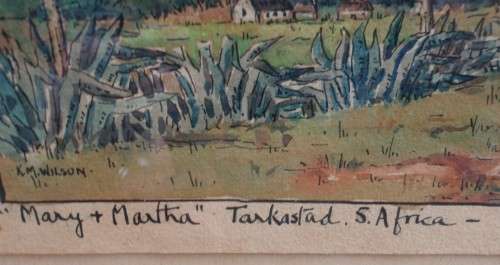 Vintage original by K.M.Wilson, pen/wash of Tarkastad, South Africa - twin mountains Mary & Martha
