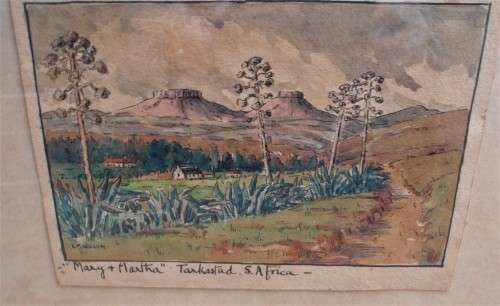 Vintage original by K.M.Wilson, pen/wash of Tarkastad, South Africa - twin mountains Mary & Martha