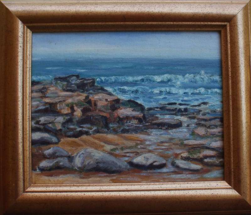 Vintage original seascape by the late Mary Swindell (1927-2017) Seascape in softly gilded frame.