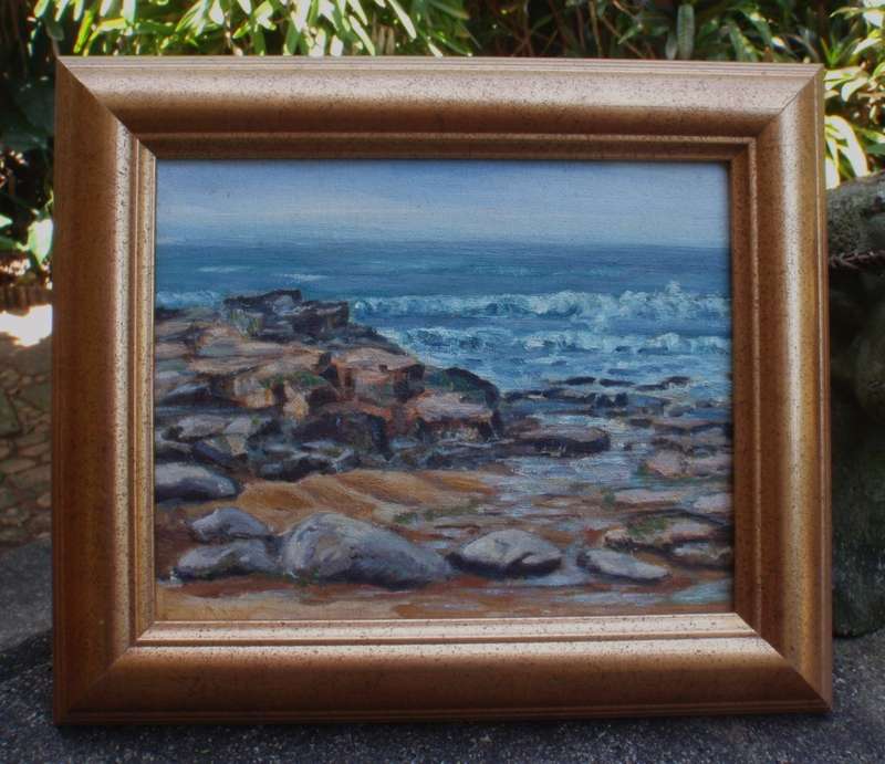Vintage original seascape by the late Mary Swindell (1927-2017) Seascape in softly gilded frame.