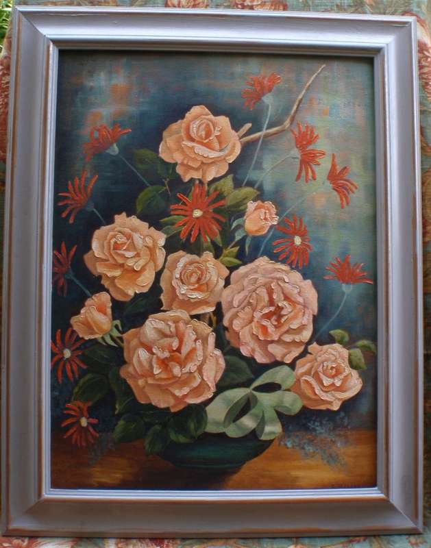 Vintage still life original oil by I.Jackson - exquisite coral roses in dove grey & gilt frame.