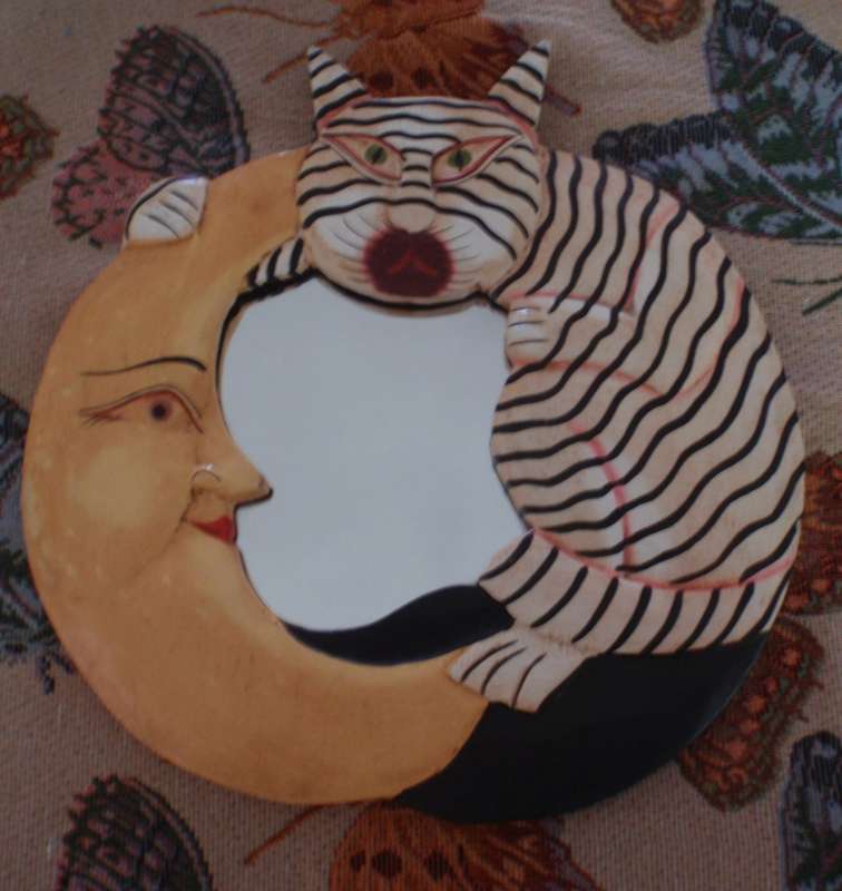 Gorgeous hand carved and painted frame and mirror - The Moon and The Pussycat.