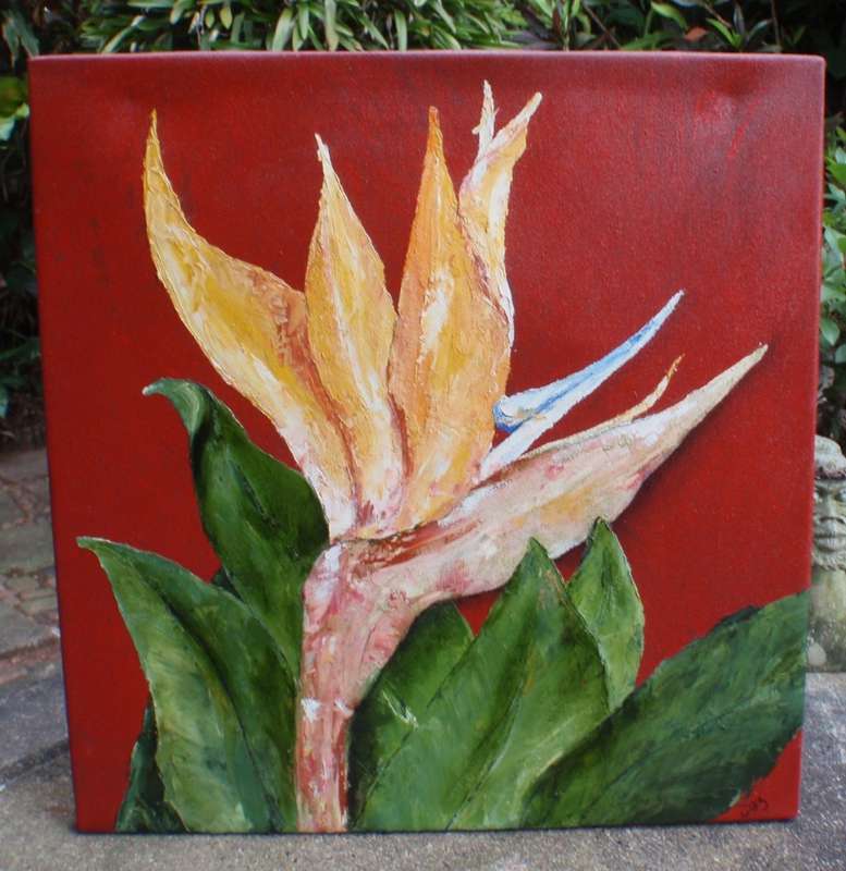 Stunnning, bold original oil `Strelitzia` on canvas - abstract palette knife painting.