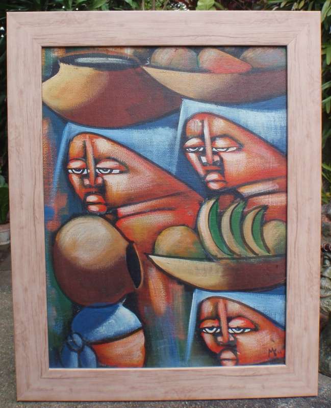 Bold African Figures - original abstract oil (Picasso style) painting of women fruit sellers.