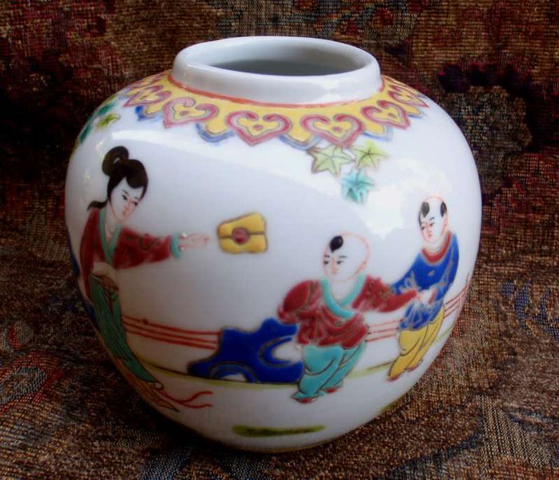 Chinese Ginger Jar - hand painted interesting figures.  Stamp on base.