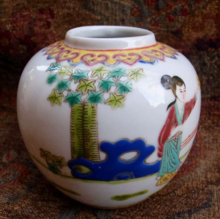 Chinese Ginger Jar - hand painted interesting figures.  Stamp on base.