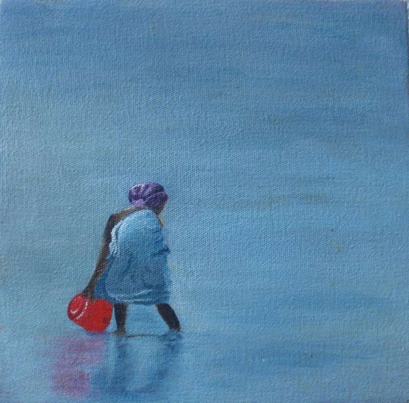 Delightful little piece of orginal art - Mozambique beach scene - woman with baby on her back.