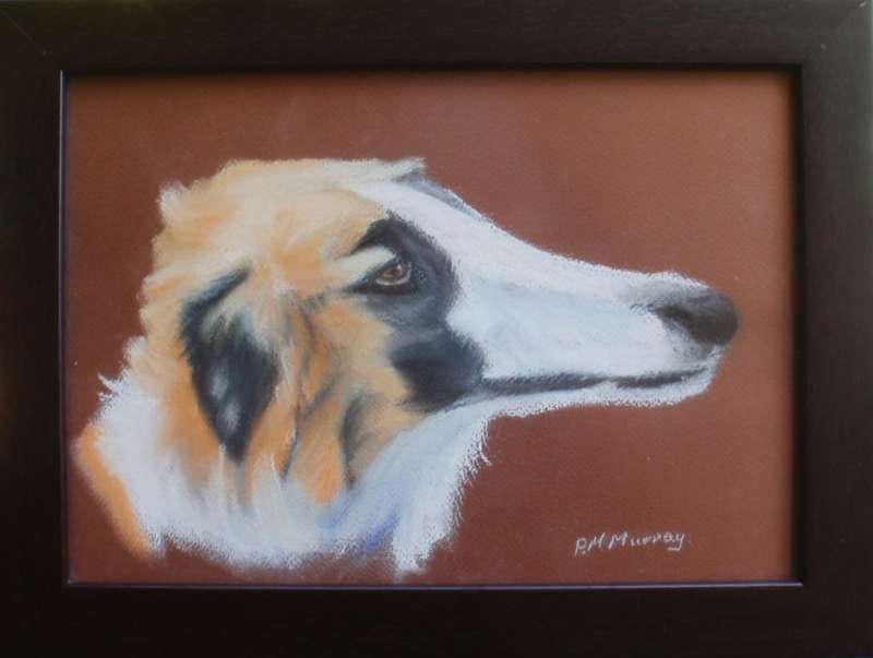 Vintage original doggy pawtrait signed P.M.Murray. Pastels framed behind non-reflective glass