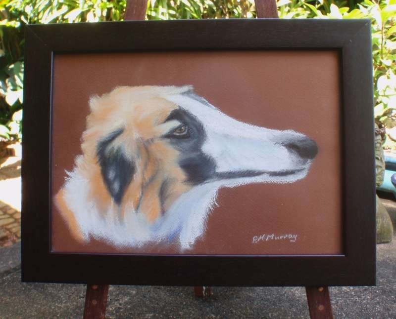 Vintage original doggy pawtrait signed P.M.Murray. Pastels framed behind non-reflective glass