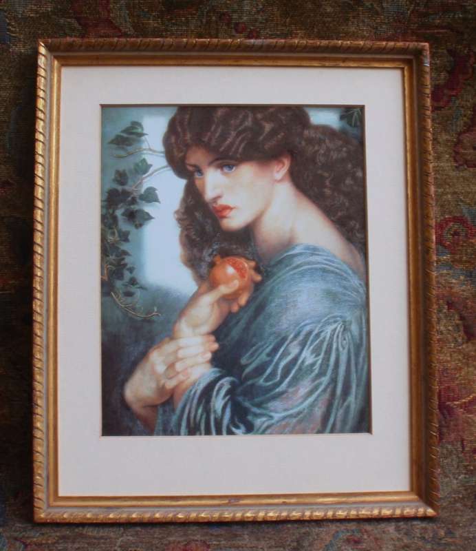Beautiful print of painting by Dante Rossetti - Prosperine, Romanticism. In vintage gilded frame.