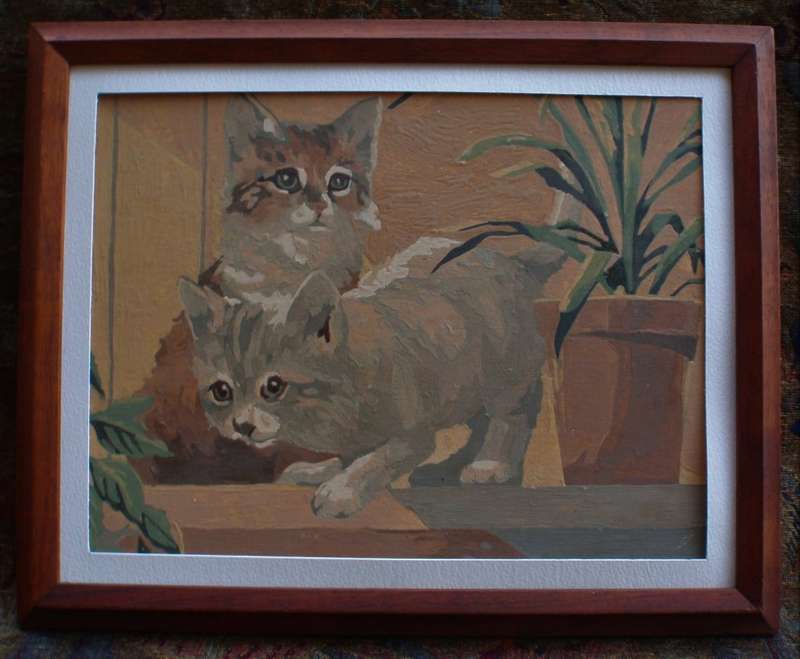 Vintage, charming retro paint by numbers `Kittens at Play` beautifully framed - gorgeous!