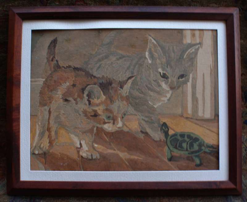 Vintage, charming retro paint by numbers `Kittens at Play` beautifully framed - gorgeous!