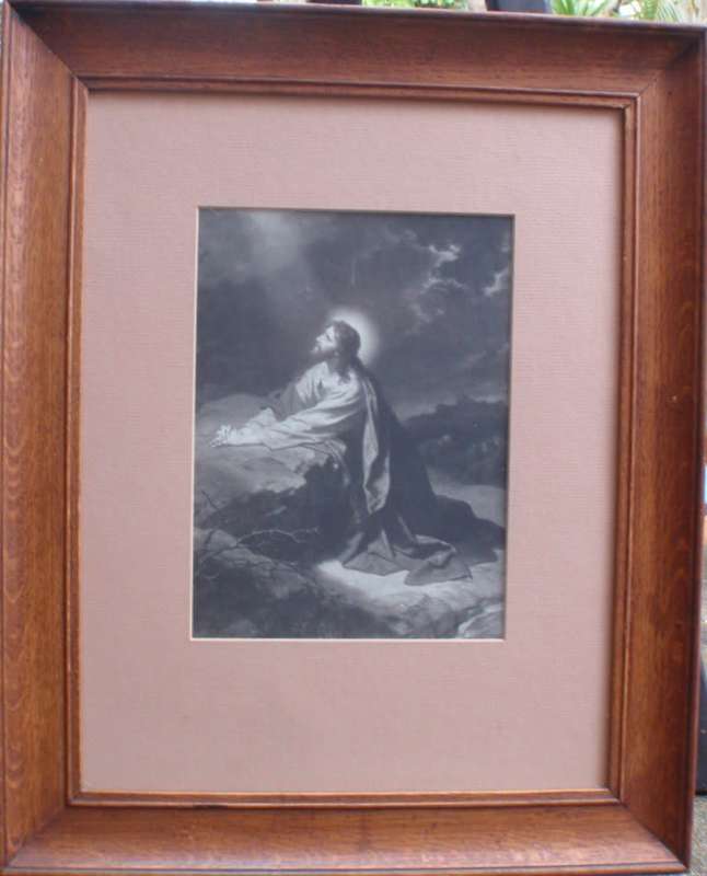 The Lord Jesus Christ praying in the Garden of Gethsemane. Vintage print of famous art in oak frame.
