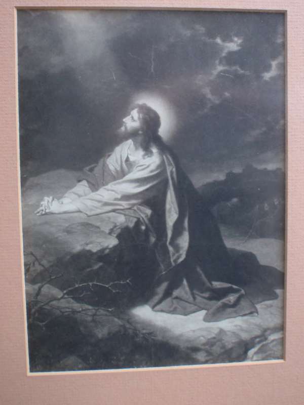The Lord Jesus Christ praying in the Garden of Gethsemane. Vintage print of famous art in oak frame.
