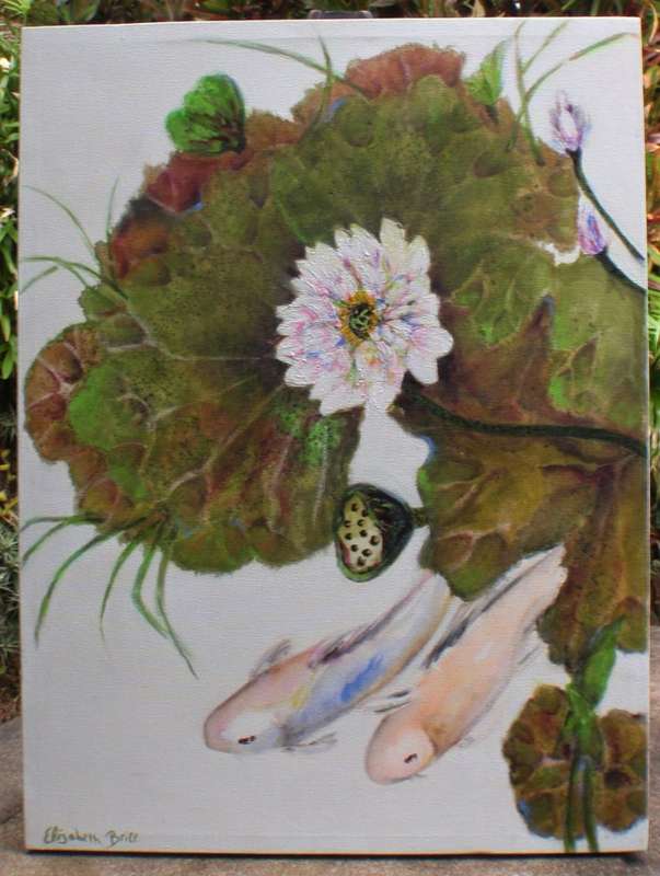 Stunning large koi in lotus pond - original oil painting on canvas frame. Artist Elizabeth Brice.