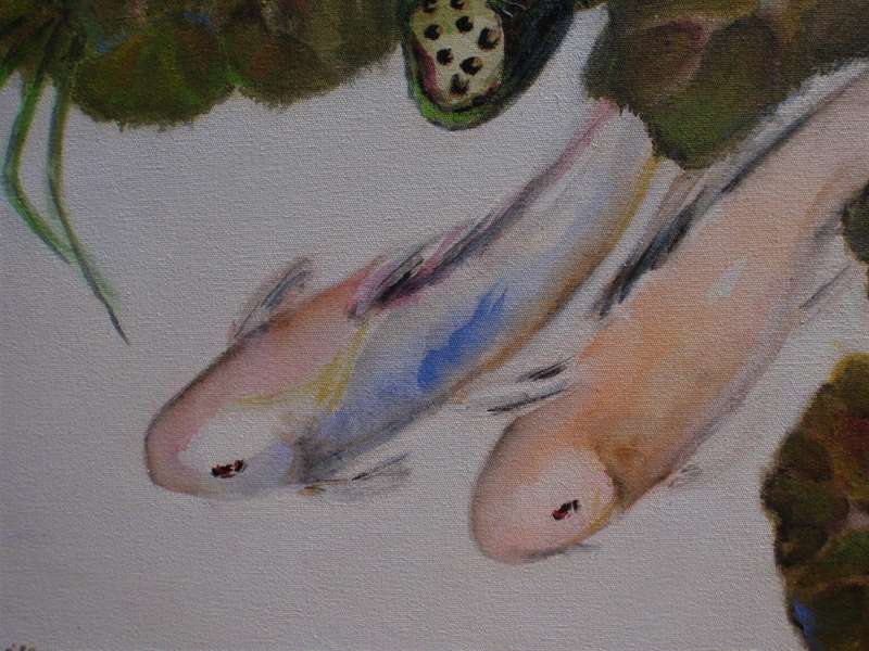 Stunning large koi in lotus pond - original oil painting on canvas frame. Artist Elizabeth Brice.