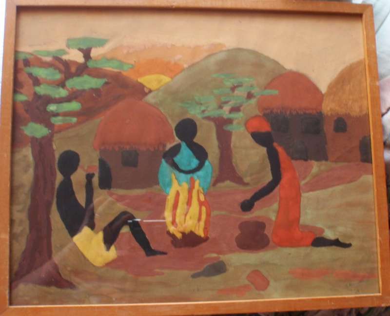 Vintage painting of African village life - signed J.Hamilton,1974 Stunning naive art in gouache.