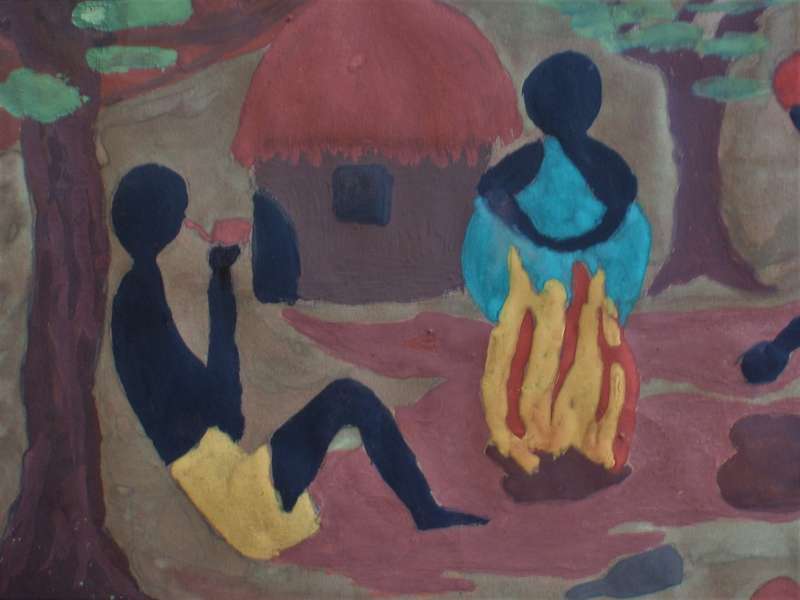 Vintage painting of African village life - signed J.Hamilton,1974 Stunning naive art in gouache.