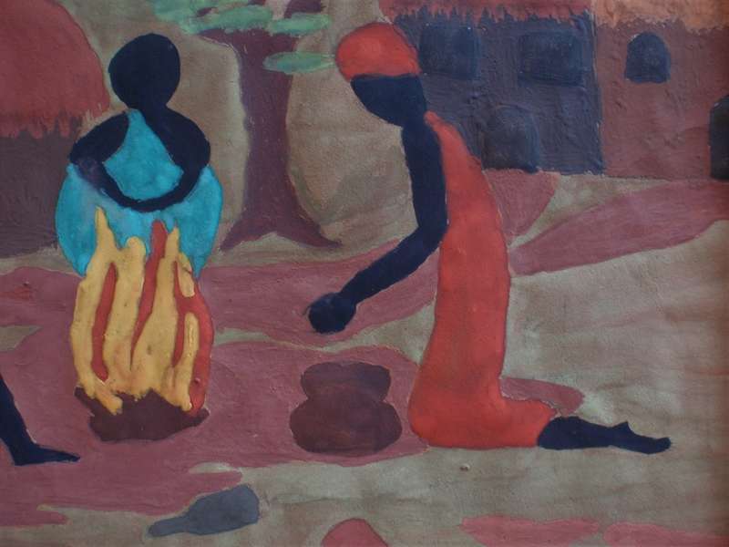 Vintage painting of African village life - signed J.Hamilton,1974 Stunning naive art in gouache.