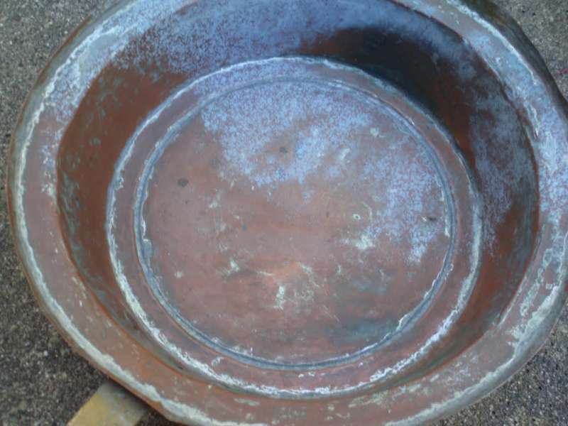 Authentic vintage copper and brass frying pan - provincial kitchen decor item. Lovely old piece.