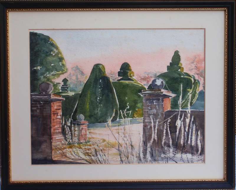 Charming original Judy Shepley `Dew on Spider Webs`  Dawn at Sharsted Yews. English country home.