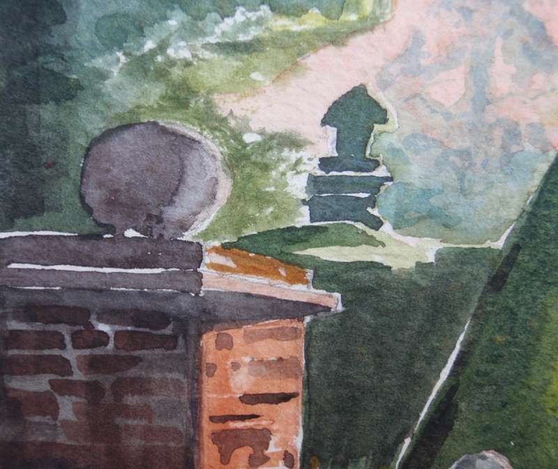 Charming original Judy Shepley `Dew on Spider Webs`  Dawn at Sharsted Yews. English country home.