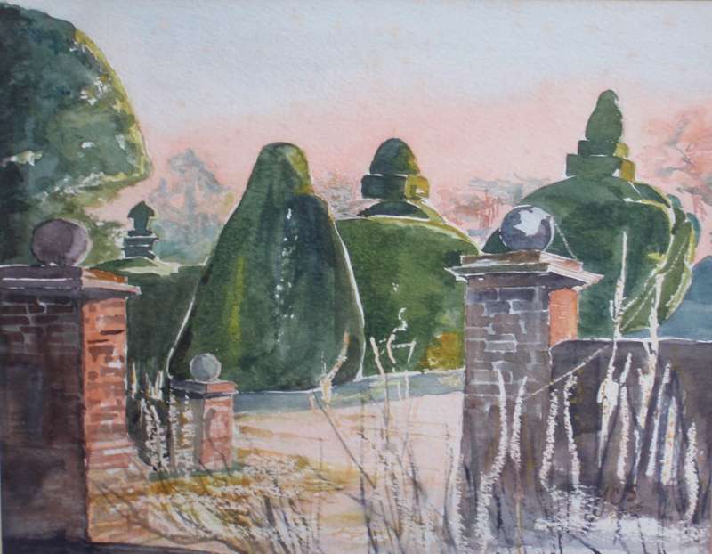 Charming original Judy Shepley `Dew on Spider Webs`  Dawn at Sharsted Yews. English country home.