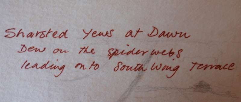Charming original Judy Shepley `Dew on Spider Webs`  Dawn at Sharsted Yews. English country home.