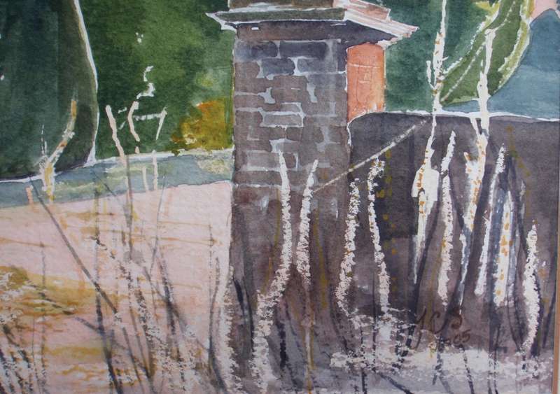Charming original Judy Shepley `Dew on Spider Webs`  Dawn at Sharsted Yews. English country home.
