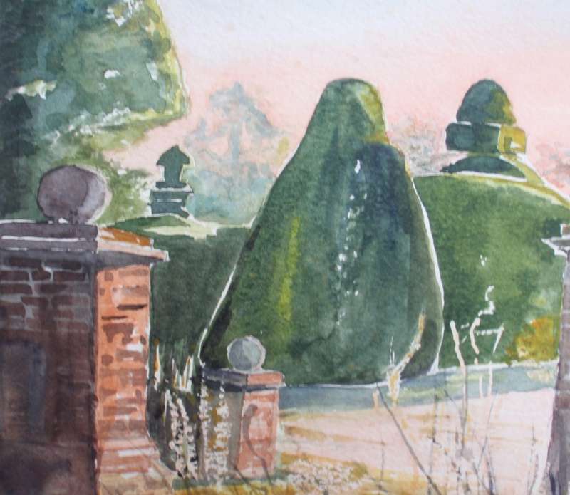 Charming original Judy Shepley `Dew on Spider Webs`  Dawn at Sharsted Yews. English country home.
