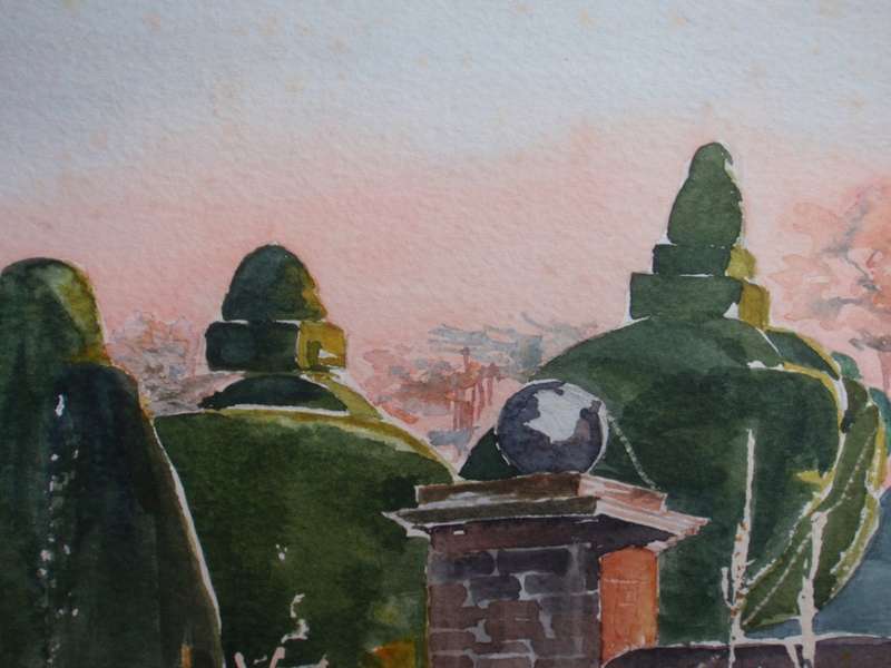 Charming original Judy Shepley `Dew on Spider Webs`  Dawn at Sharsted Yews. English country home.