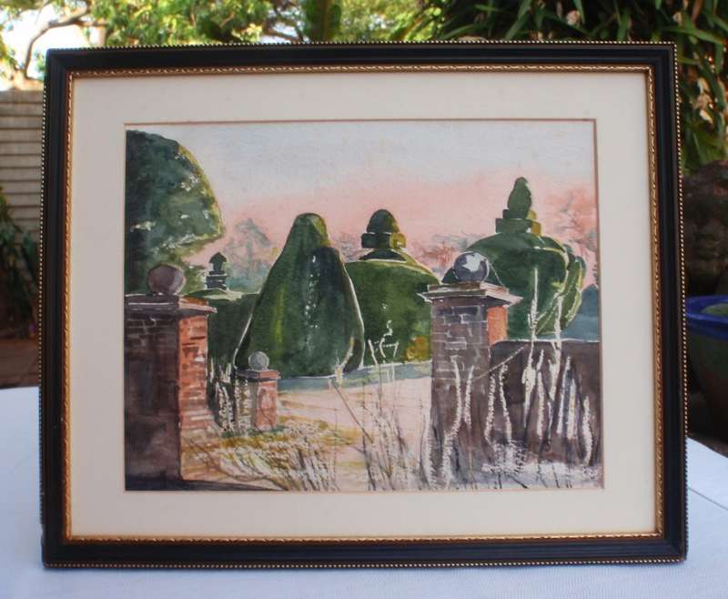 Charming original Judy Shepley `Dew on Spider Webs`  Dawn at Sharsted Yews. English country home.