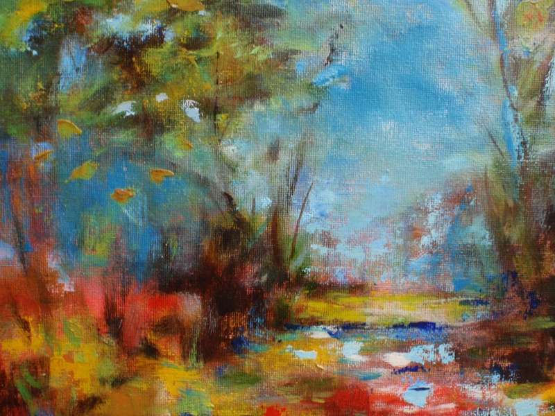 Original oil `Sun Dappled Forest` lovely impressionist painting by Gill Strachan