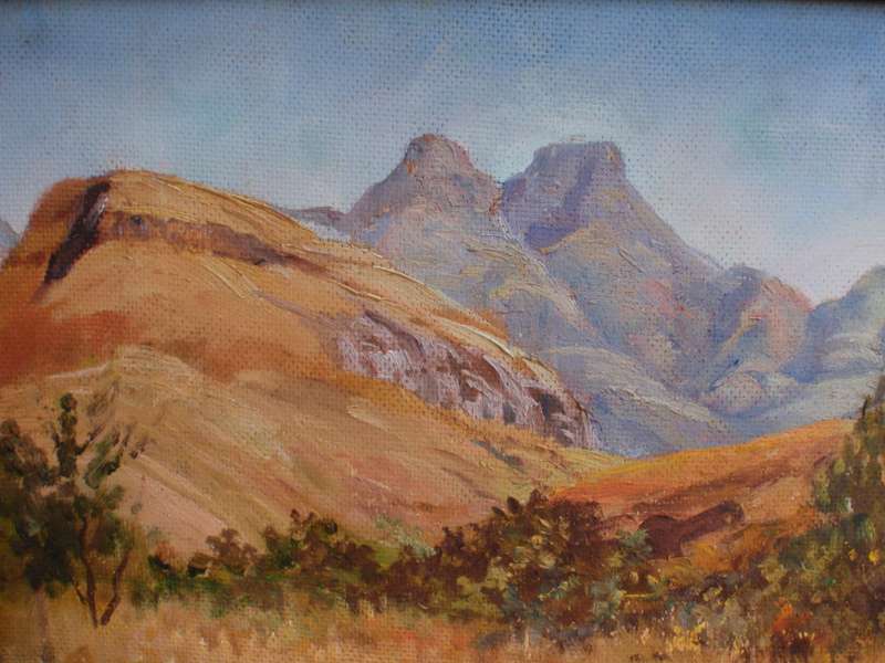 Vintage oil painting of South African  `Drakensberg` mountains. In fabulous large wooden frame.
