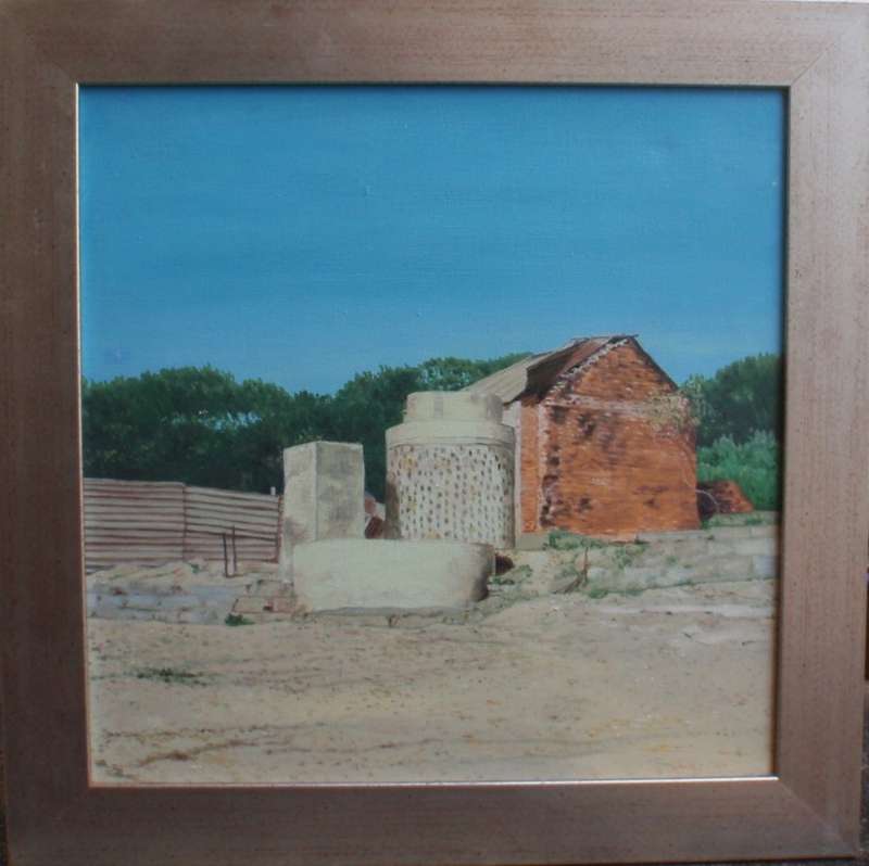 South African investment art Aidan Walsh 1932-2009. `Backyard Dordrecht`. Listed artist Strauss & Co