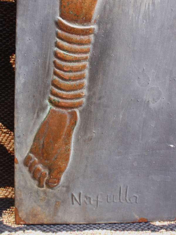Authentic Maasai Warrior copper panel by Kenya`s artist Nafulla. Collectible African artistry.