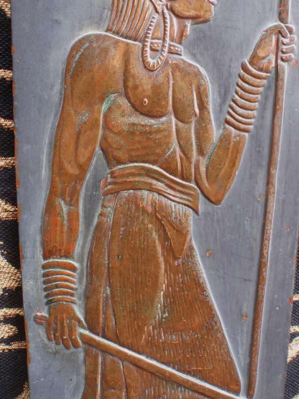 Authentic Maasai Warrior copper panel by Kenya`s artist Nafulla. Collectible African artistry.