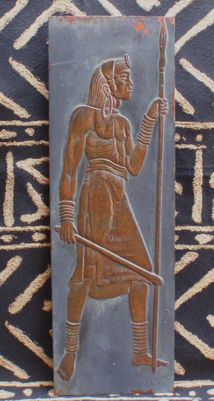 Authentic Maasai Warrior copper panel by Kenya`s artist Nafulla. Collectible African artistry.