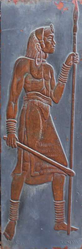 Authentic Maasai Warrior copper panel by Kenya`s artist Nafulla. Collectible African artistry.